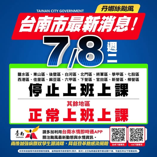 [颱風停班課公告]臺南市政府宣布，鹽水、東山、後壁、白河、北門、將軍、學甲、七股、西港、佳里、麻豆、六甲、下營、官田、新營、柳營等16區明日(8)日停止上班、停止上課，其餘照常上班、照常上課。